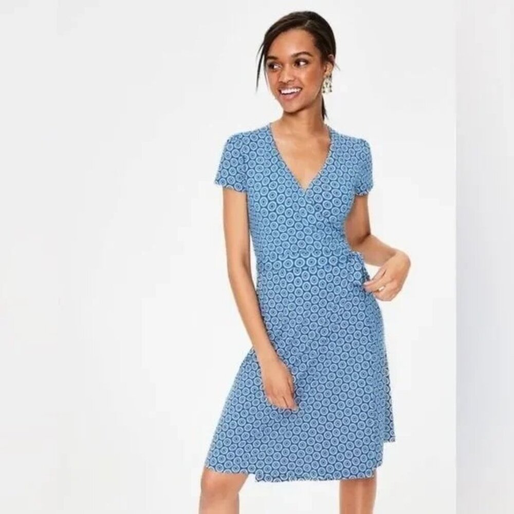 Boden ANTONIA Blue White Geometric Print Wrap Dress Short Sleeve‎ V Neck JO183